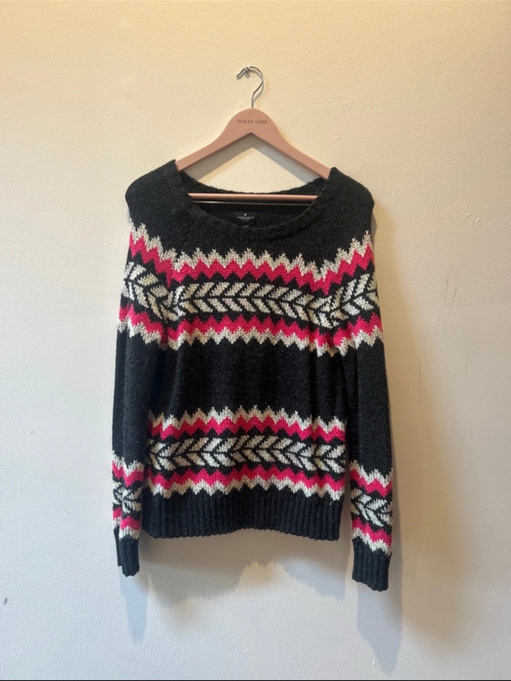 American Eagle Outfitters Black, Pink & Cream Fair Isle Crewneck Sweater